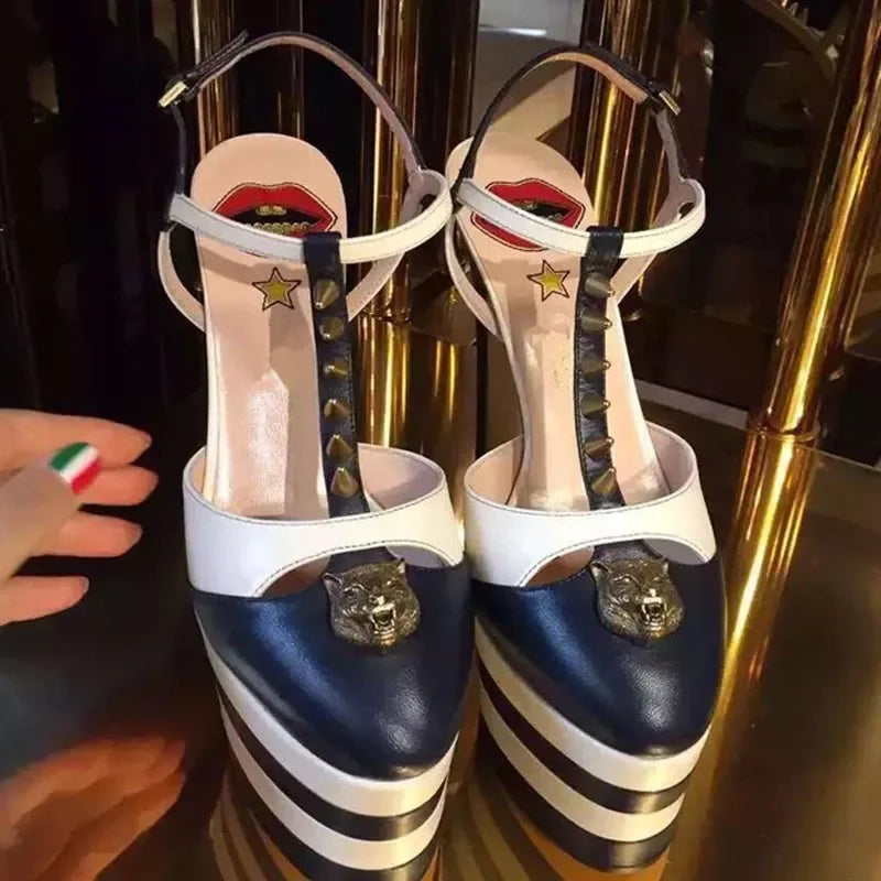 Women's Leather Platform Sandals - Wedge Heel Rivet T-Strap Sandals