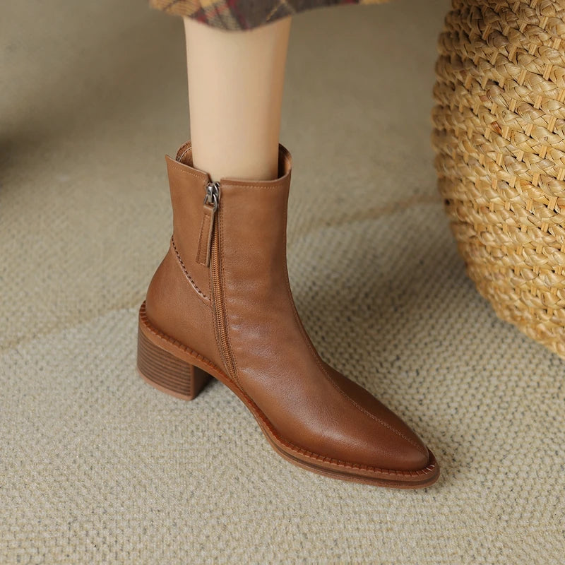 Women's Genuine Leather  Pointed Toe Chunky Heel Western Boots Cowboy Boots