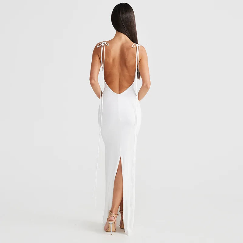 Women's Halter Backless Ruched Maxi Dress - Women Tie Detail Sleeveless Split Bodycon Dress