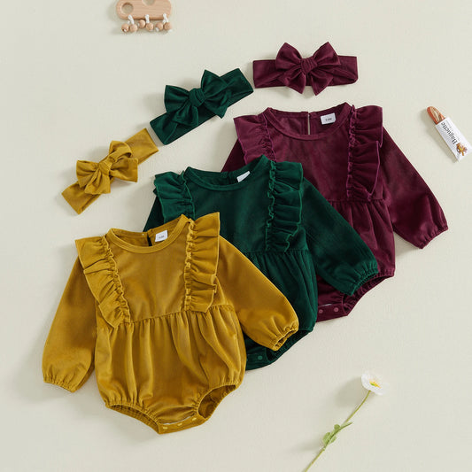 Baby Velvet Ruffle Romper with Headband | Long Sleeve Jumpsuit 0–18M