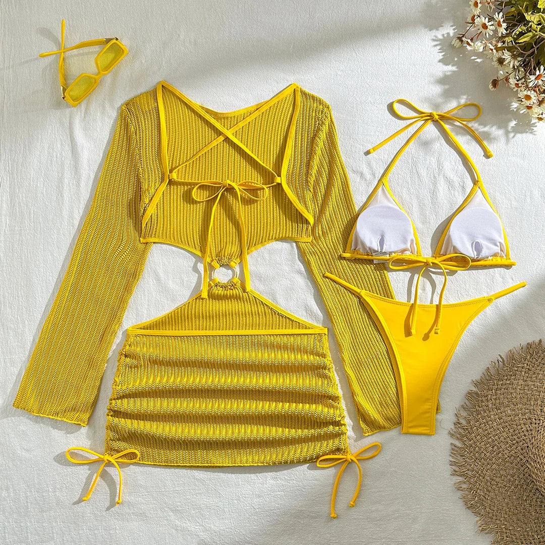 Women's Halter Bikini Set with Long Sleeve Cover-Up | Three-Piece Wire-Free Padded Swimwear