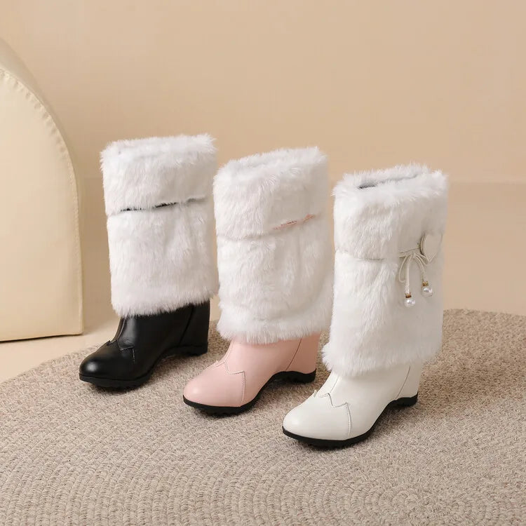 Women's Love Pearl Plush Leather Round Toe Short Boots