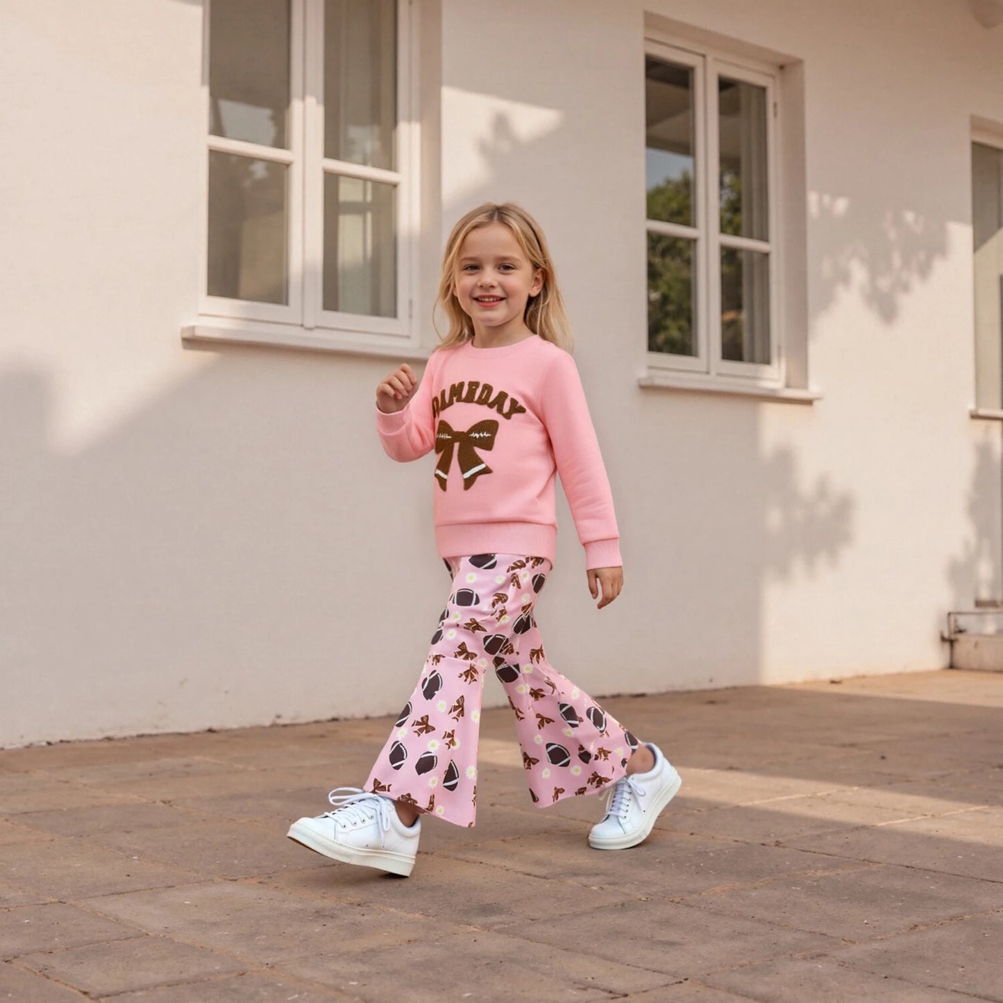 Girls Bow Embroidery Outfit Set - Long Sleeve Letter Pullover Sweatshirt & Football Flare Pants (0-4Y)
