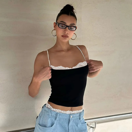 Women's Summer Lace Trim Camisole Top Party Outfits Backless Streetwear Sleeveless Crop Top Coquette