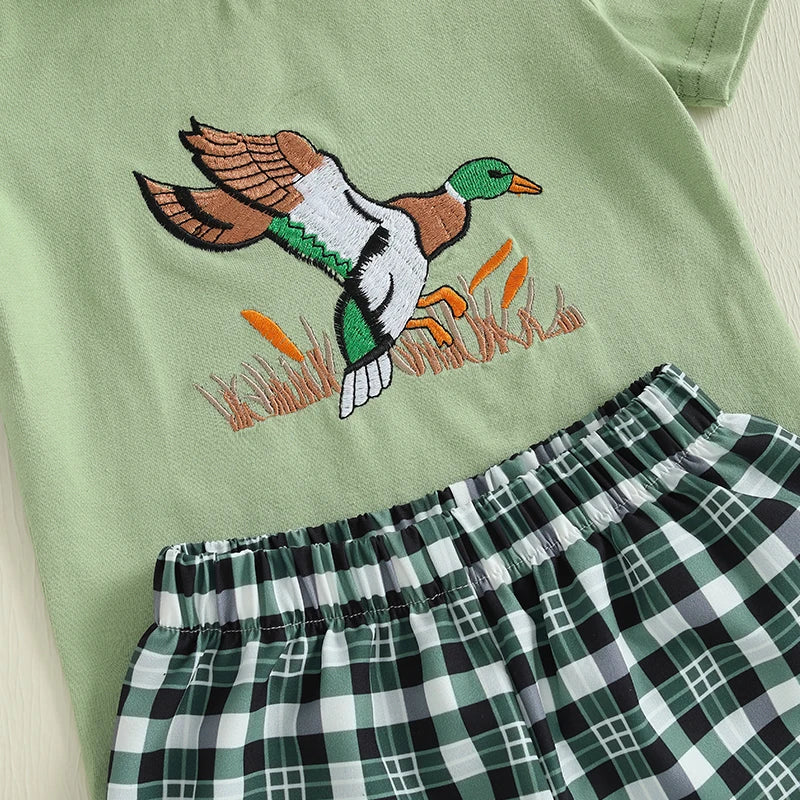 Summer Baby Boys Casual Outfit Set - Duck Embroidery T-Shirt & Plaid Shorts (0-3Y)