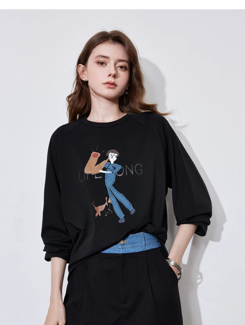 Women's Long Sleeve  Lyocell Denim Patchwork Embroidery Cotton Pullover T-Shirt