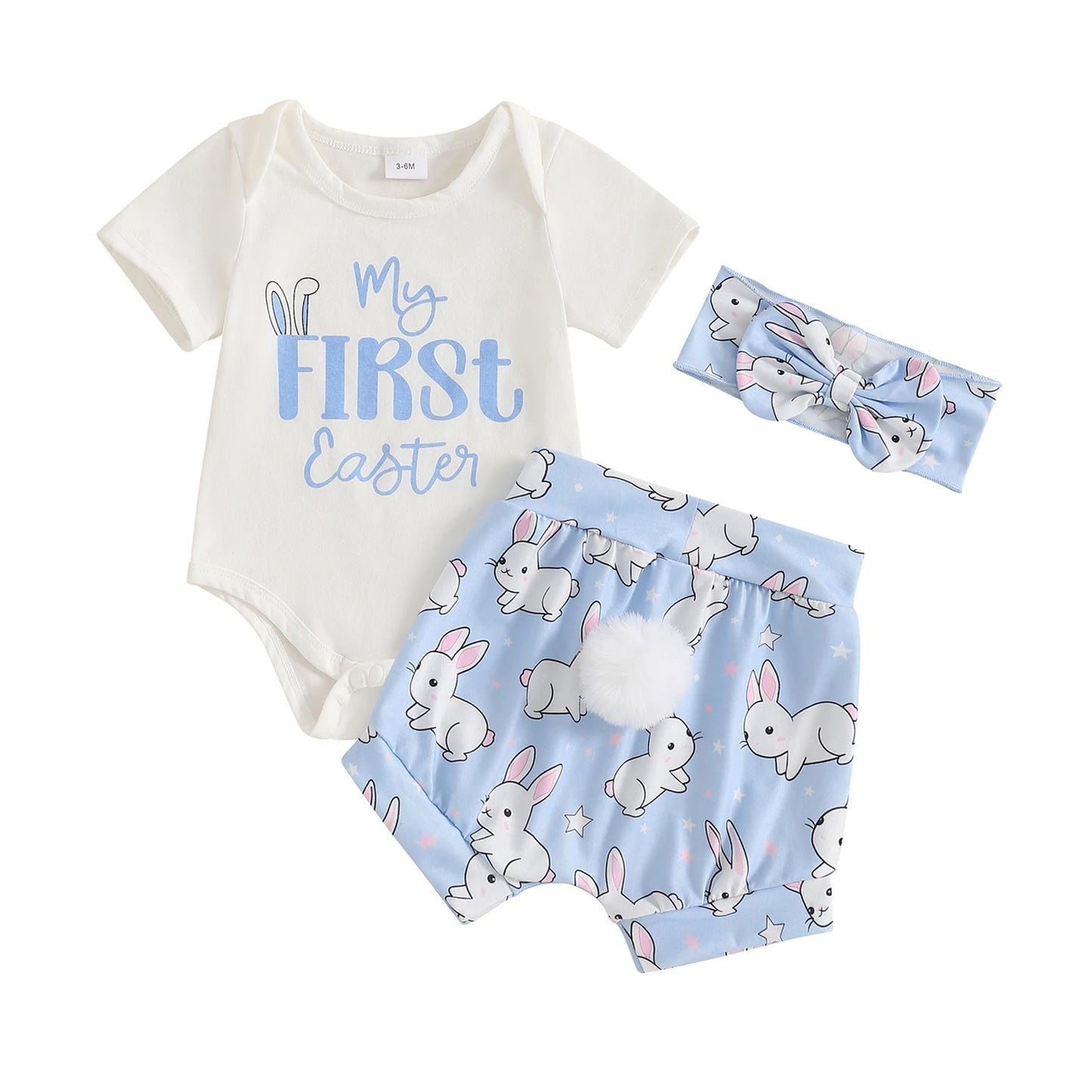 Baby Girls' Easter Outfit Set - Letter Print Romper, Carrot Bunny Shorts & Headband 3pcs