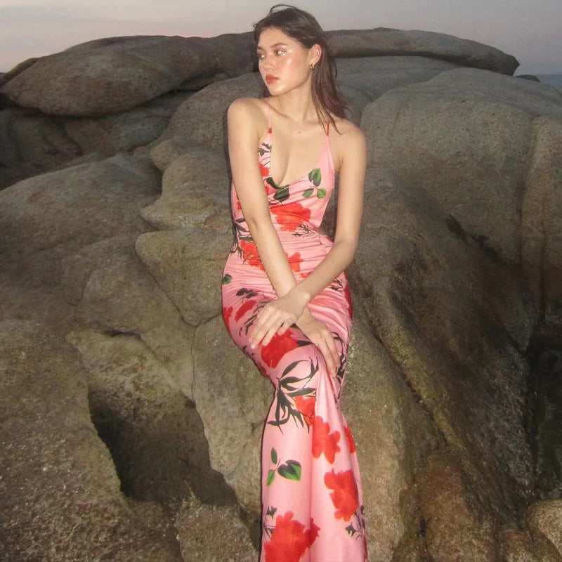 Women's Backless Floral Print Slip Maxi Sleeveless Long Dress Robe Elegant Outfit