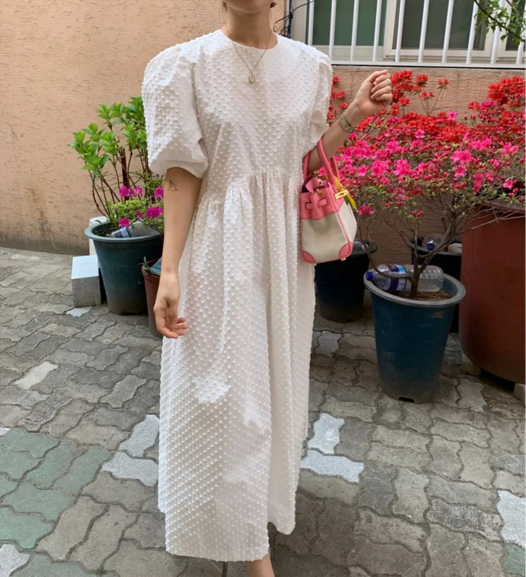 Women's Long Dress Casual Round-neck Puff Short Sleeve Elegant Loose Chiffon Dress