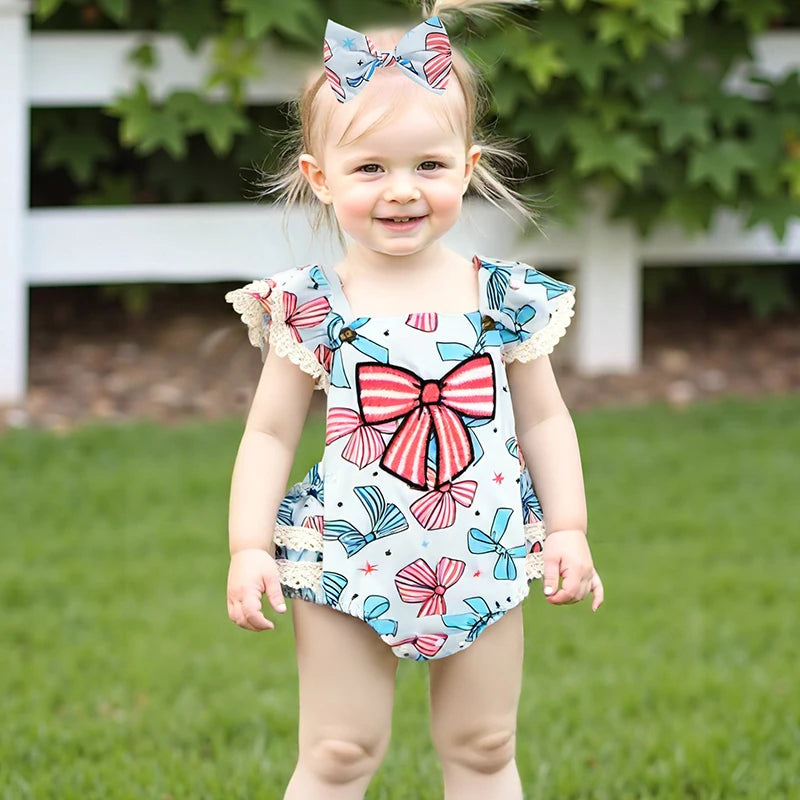 2pcs Baby Girls Independence Days Romper 0-18M Lace Flutter Sleeve Bow Embroidery Layered Hem Jumpsuit Headband
