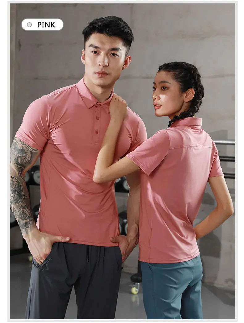 Men's Summer Casual Stretch Gym Muscle Fit Shirt Sports  Quick Dry Ice Silk Short Sleeve Golf Polo Lapel T-Shirt