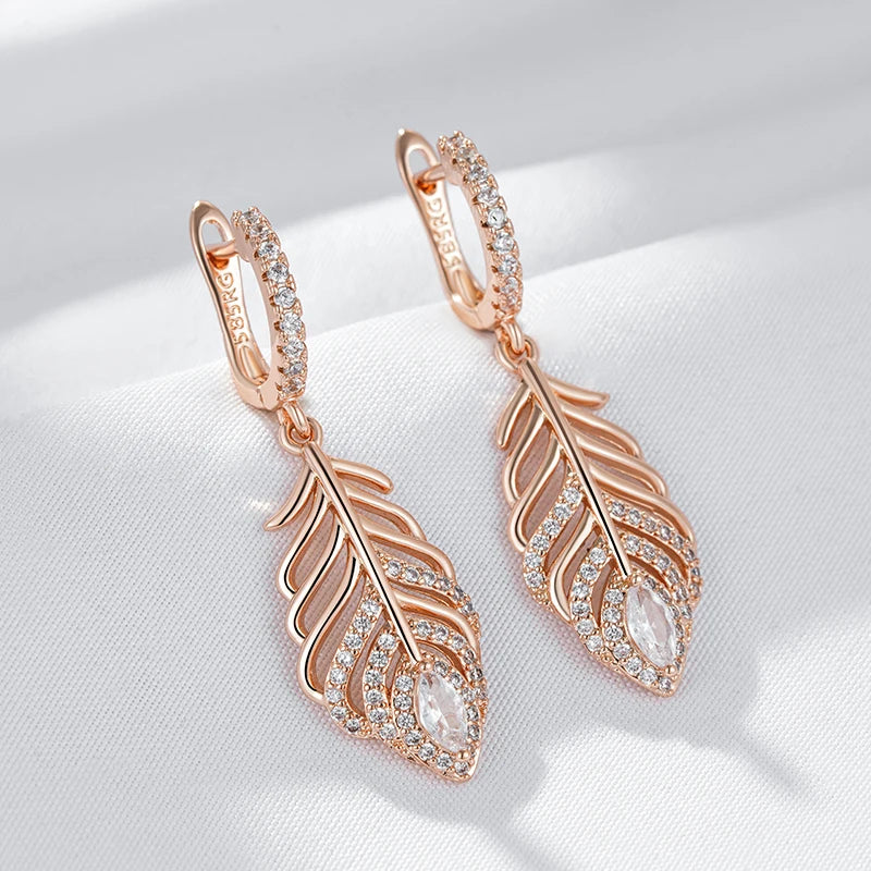 Women 585 Rose Gold Colour Crystal Leaf  Shiny Natural Zircon Vintage Drop Earrings