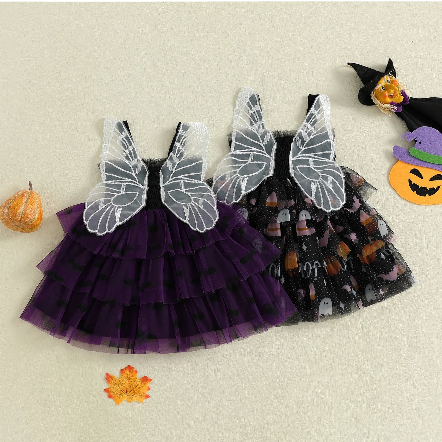 Baby Girls Halloween Dress with Butterfly Wings - Ghost Print Tulle Dress
