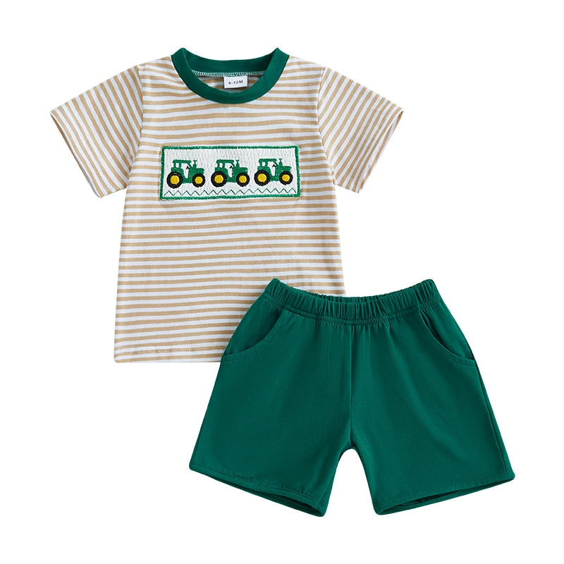 Toddler Baby Boys Farm Clothes Set - Tractor Embroidery T-shirt & Shorts 2pcs