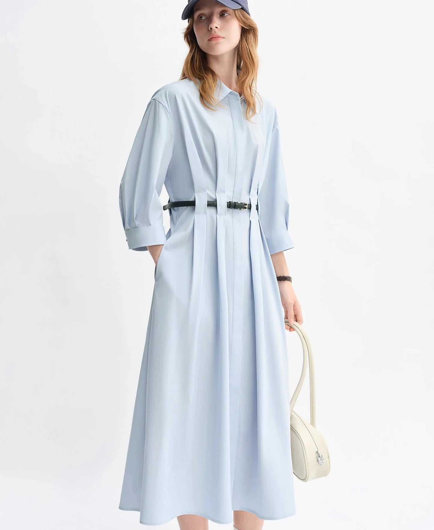 Vertical Striped Shirt Dress with Pleated Design and Belt