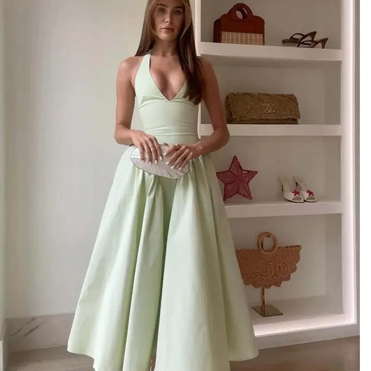 Backless Green Halter Dress - Elegant Low Waist A-Line Midi Dress