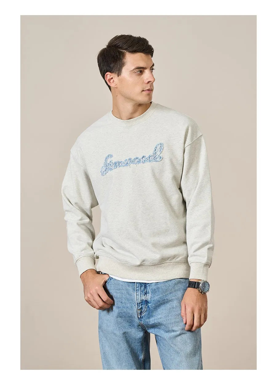 Men's Heavyweight Oversized Letter Embroidery Sweatshirt – 390g Cotton Pullover