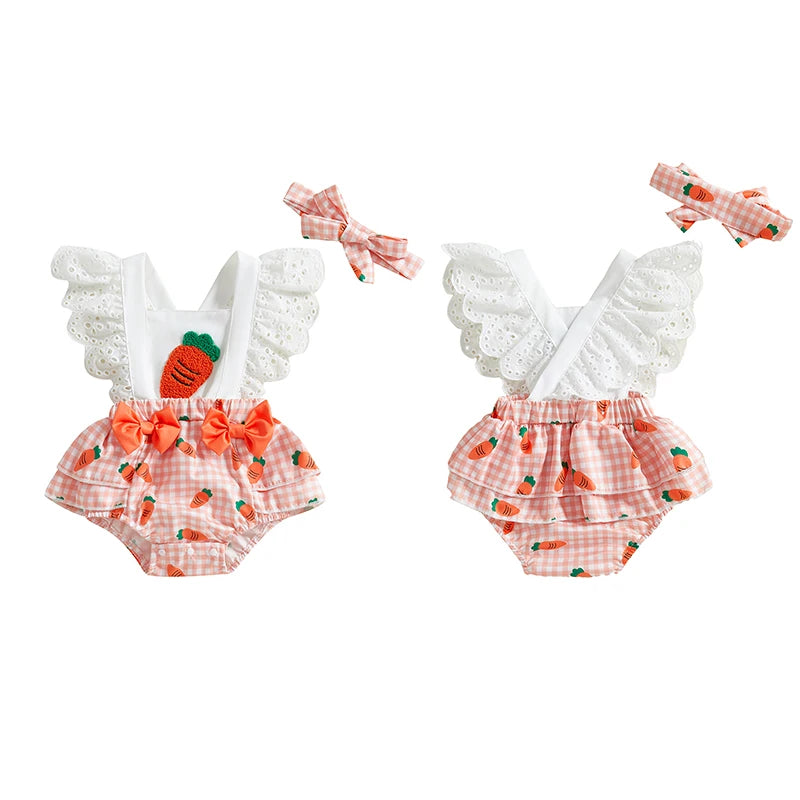 Baby Girls' Cartoon Print O-Neck Short Sleeve Romper | Pink & Orange