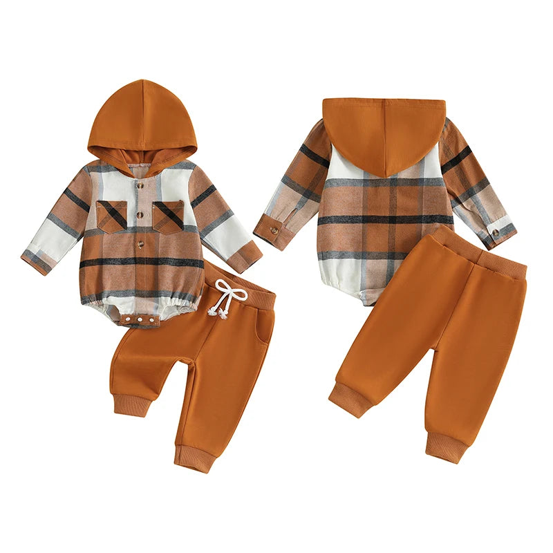 0-24M Baby Boys 2-Piece Clothing Set - Long Sleeve Plaid Hooded Romper with Pants