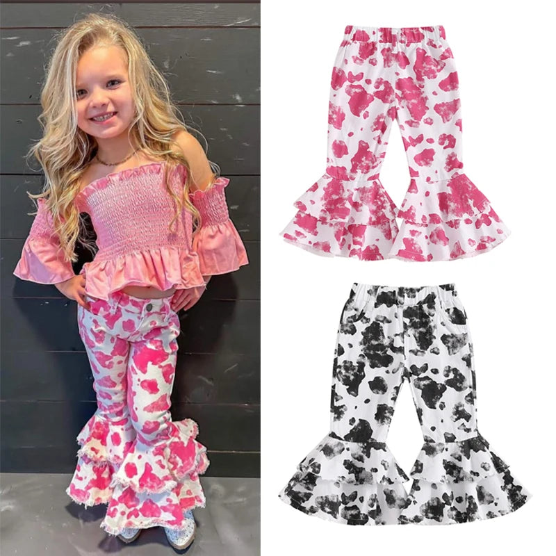 Girl's Bell Bottom Pants Tie Dye Print Elastic Waist Layered Flare Pants with Pockets