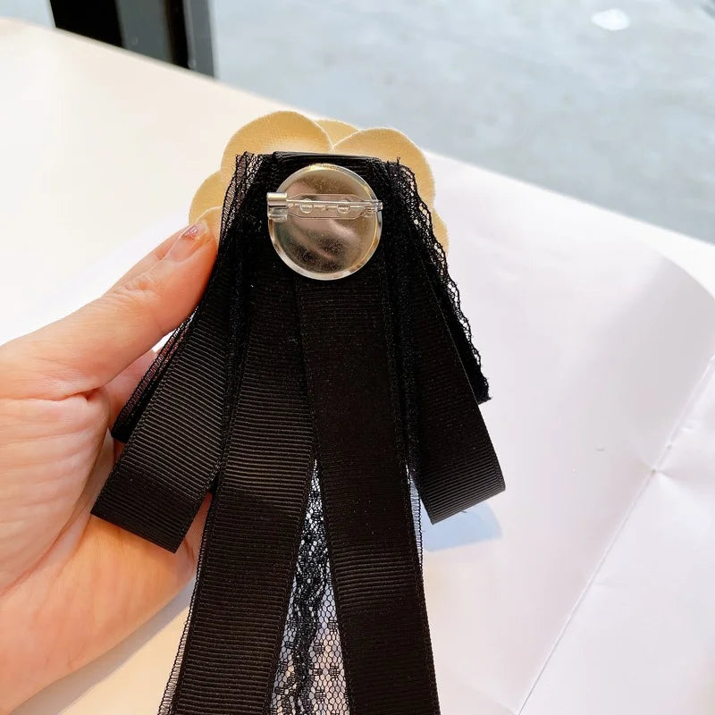 Vintage Camellia Flower Brooch with Lace Bow Tie