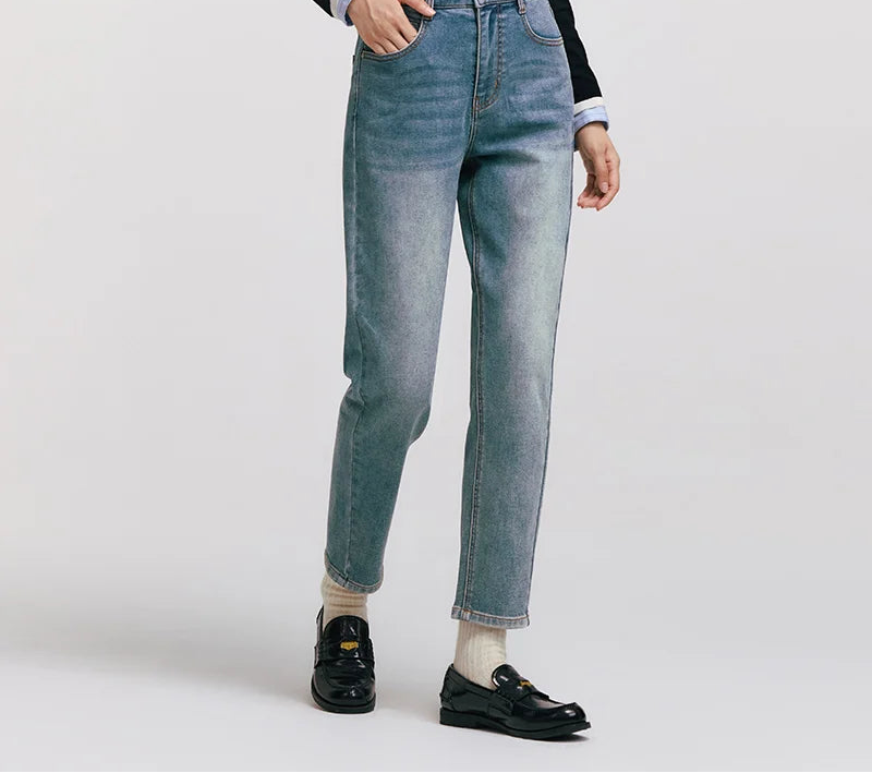 Women's Vintage Washed Tapered Jeans - Brushed Denim Loose Long Fit Winter Pants