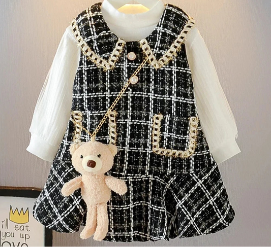 Girl's Mesh Sleeve Shirt and Little Bear Tank Skirt Two Piece Dress