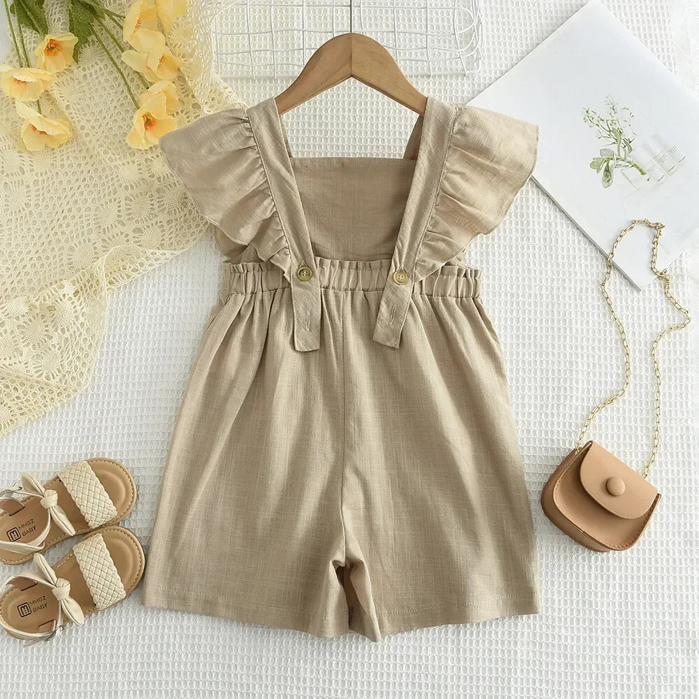 Girl's Summer Cotton  One-Pieces Adjustable Flying Sleeves Shorts Jumpsuits