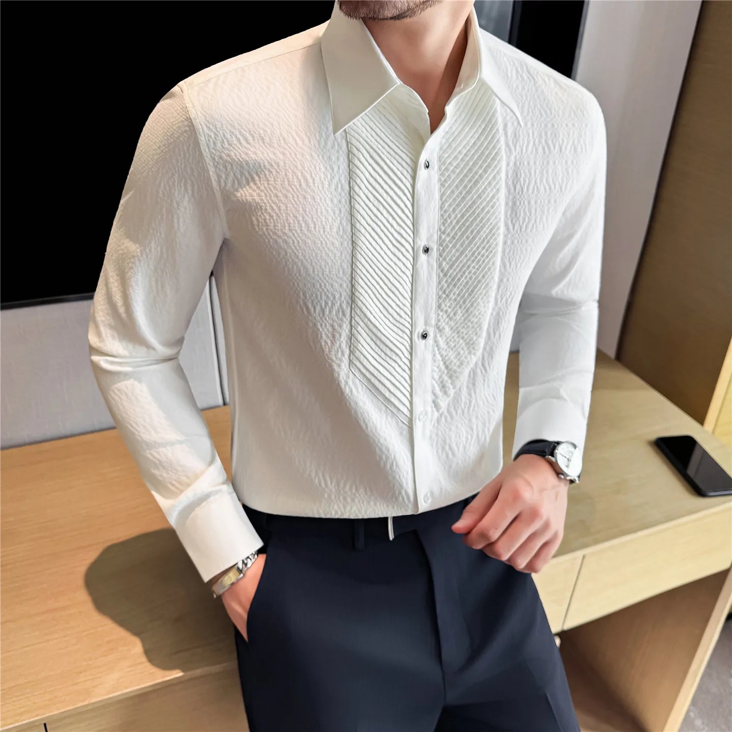 Men's Square Collar Dress Shirt Solid Color Long Sleeve Single Breasted