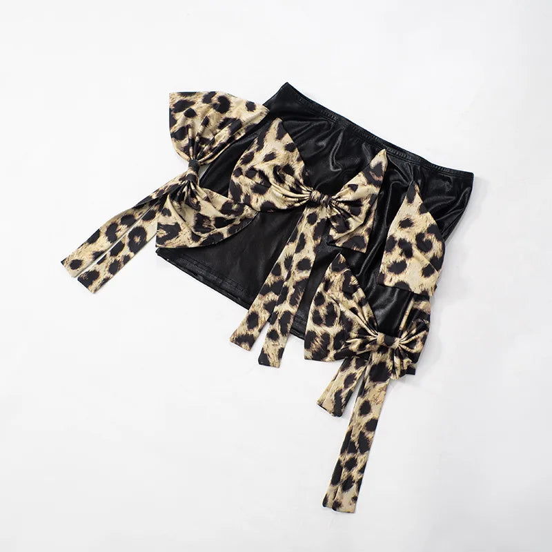 Women's Leopard Bows Super Short  High Waist Patchwork Skirt