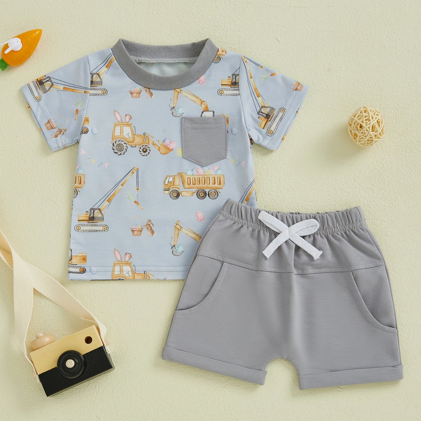 Boys' Excavator Print Summer Outfit Set - Short Sleeve Top with Elastic Waist Shorts