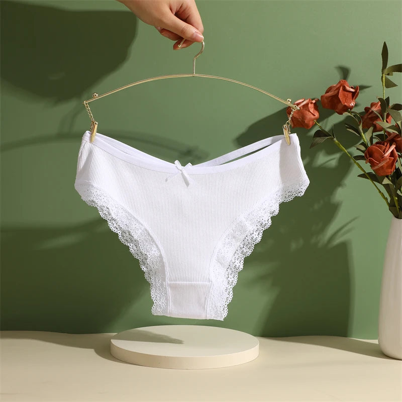 3PCS Women Cotton Underwear Panties Lace Briefs Low-Waist Cross Belt Hollow Out Cozy Lingerie