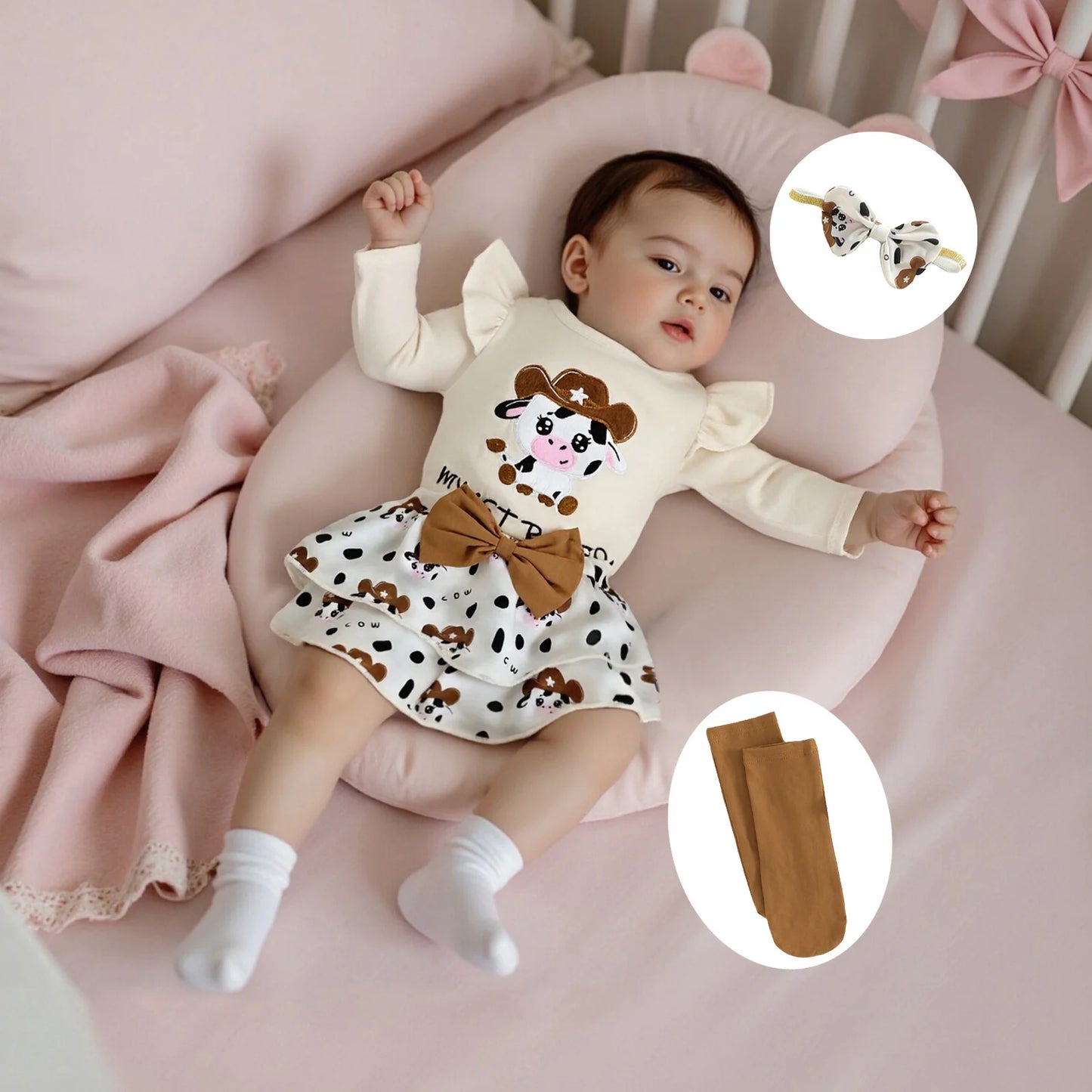 Newborn Baby Girls Boys Outfit Set - Cow Embroidery Romper with Skirt & Accessories 0-12M