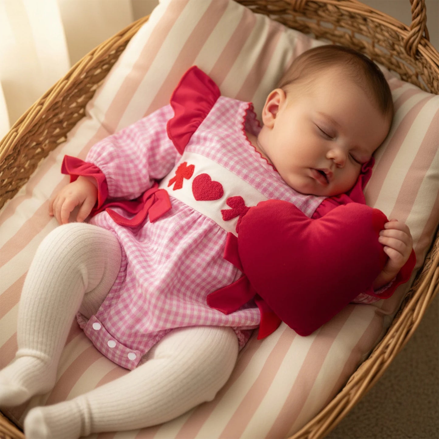 Baby Girls Boys Valentine's Day Plaid Print Bow Heart Embroidered Long Sleeve Romper