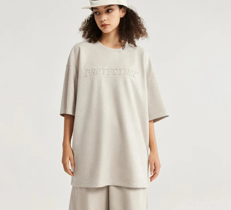 Unisex Oversized Suede Fabric Embossed T-shirts and Shorts Set