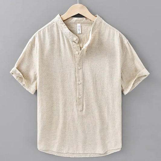 Men's Summer Cotton Linen Casual Lightweight Breathable Short Sleeve Loose Stand Collar Shirt