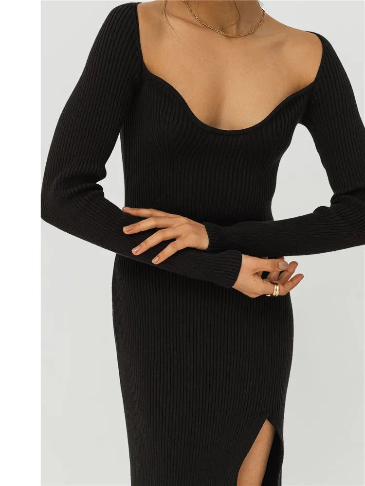 Women's Square Collar Elegant Ribbed Knitting Slit Midi Dress