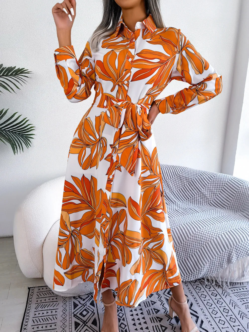 Women's Spring Summer Contrast Floral Polo Collar Lace Up Shirt Single Breasted Long Dress