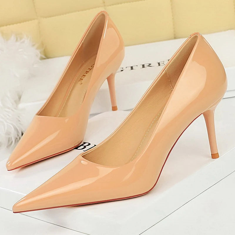Patent Leather Stiletto Pumps - Pointed Toe High Heels for Special Occasions