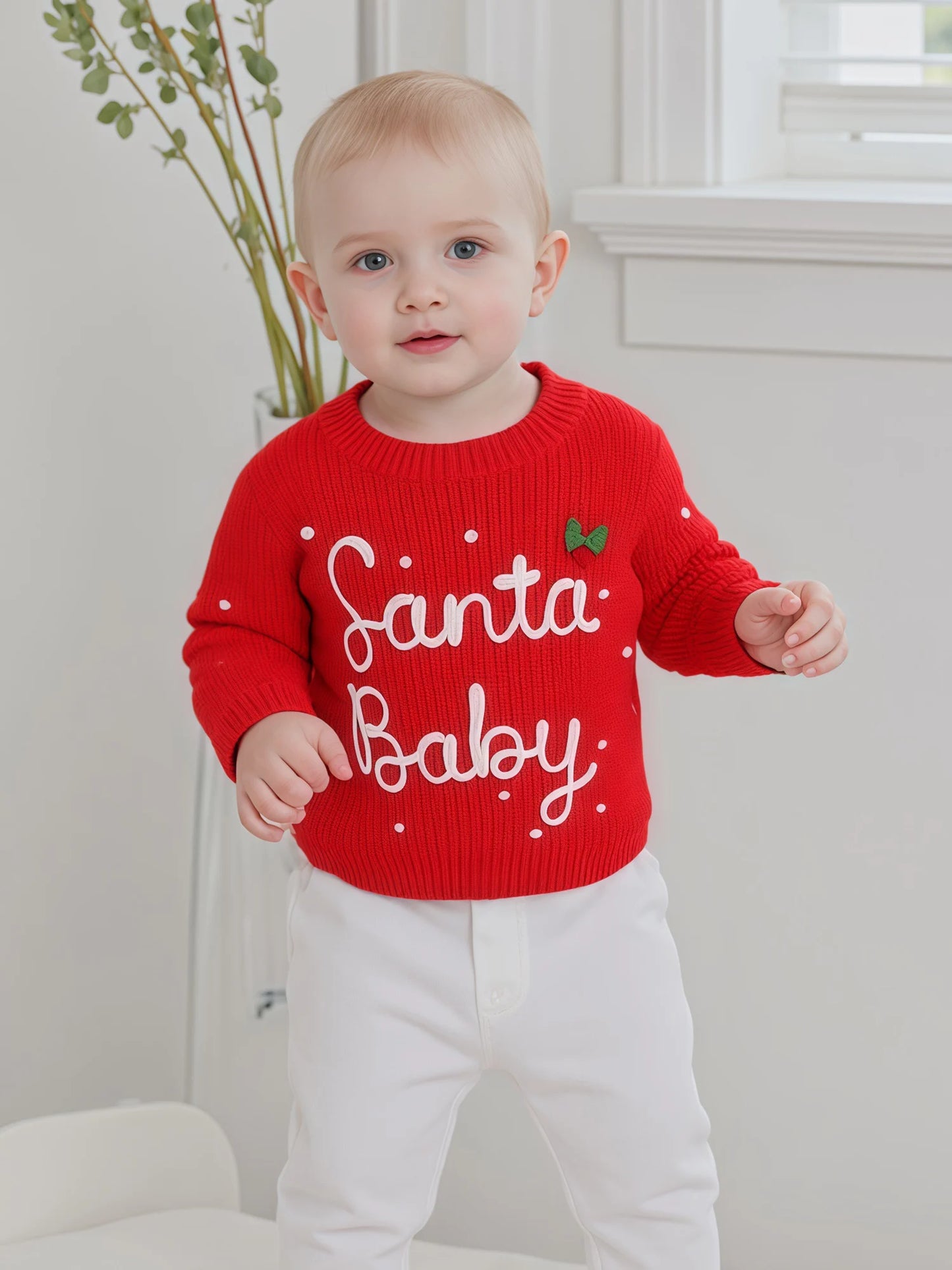 0-5Y Kids Boys Girls Christmas Sweater Letter Embroidered Crew Neck Long Sleeve Pullover Knit Top