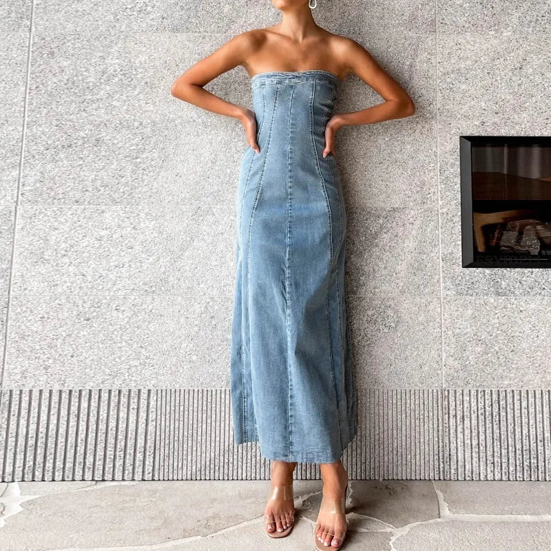 Women's Side Slit Denim Bodycon Sleeveless Maxi Dress