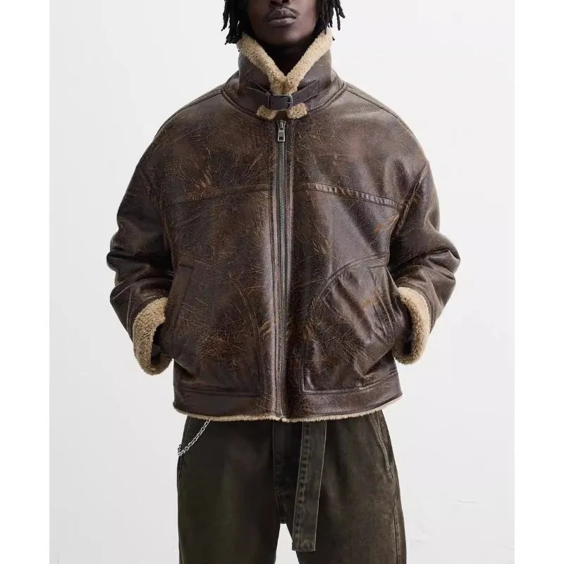 Men's Winter Lapel-Neck Jacket - Double-Sided Lamb Wool with Suede Piping