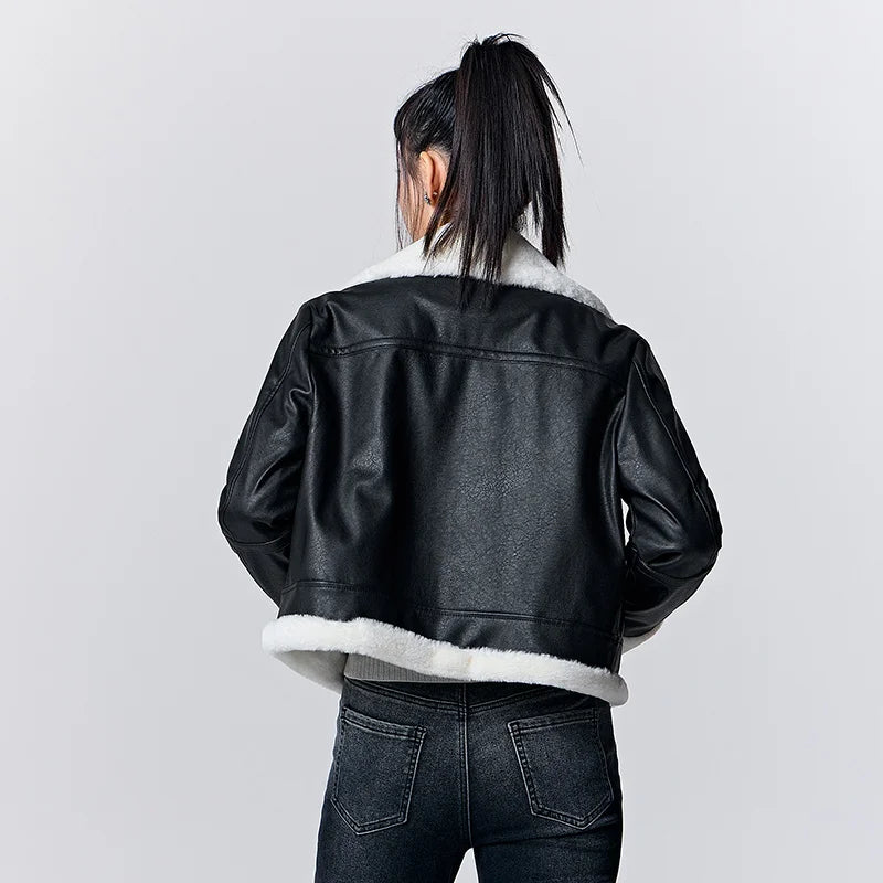 Quilted Faux Leather Cropped Jacket - Women's Winter Outerwear