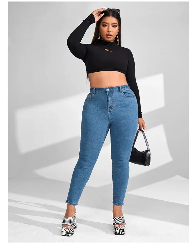 Women Plus Size Full Length High Waist Stretchy Pencil Curve Denim Jeans