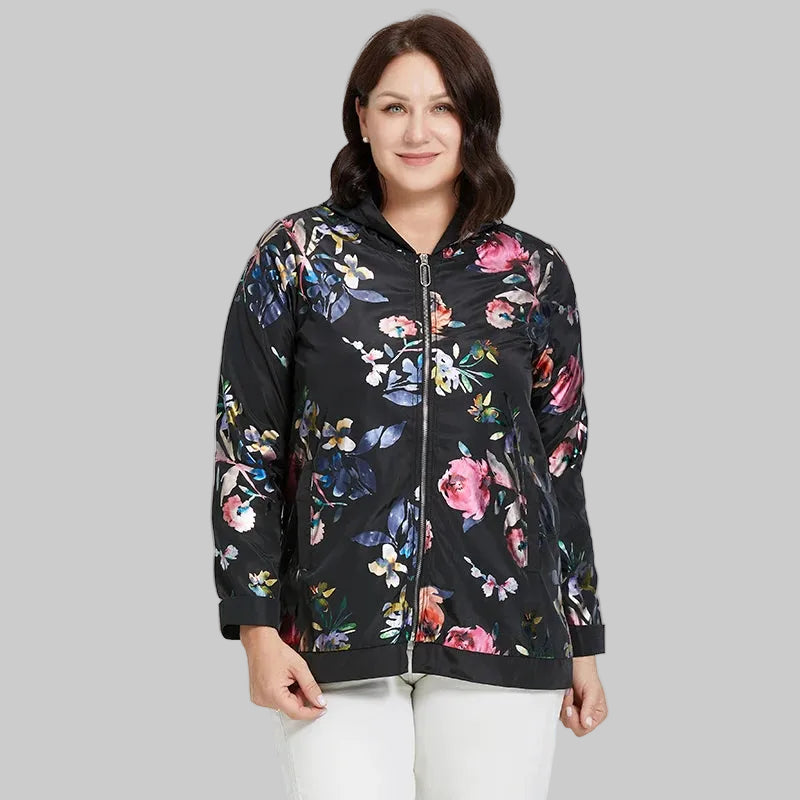 Women's Oversized Hooded Flower Print Zip Windbreaker Jacket