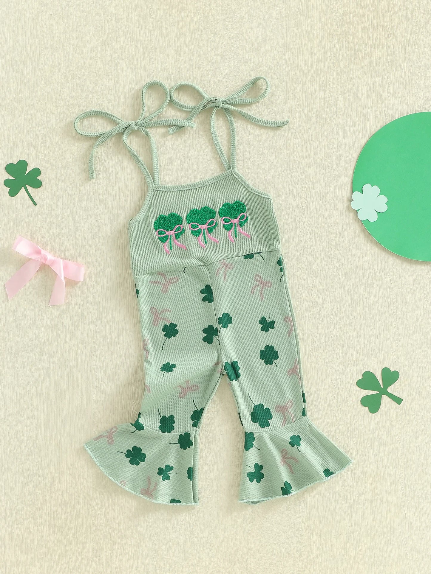 Toddler Kids Irish Flare Pants Overalls - Four-Leaf Clover Bell Bottom Jumpsuit 0-4Y
