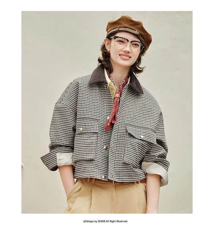 Women's Cropped Plaid Jacket - Turn Collar Loose Fit Autumn Fashion Coat