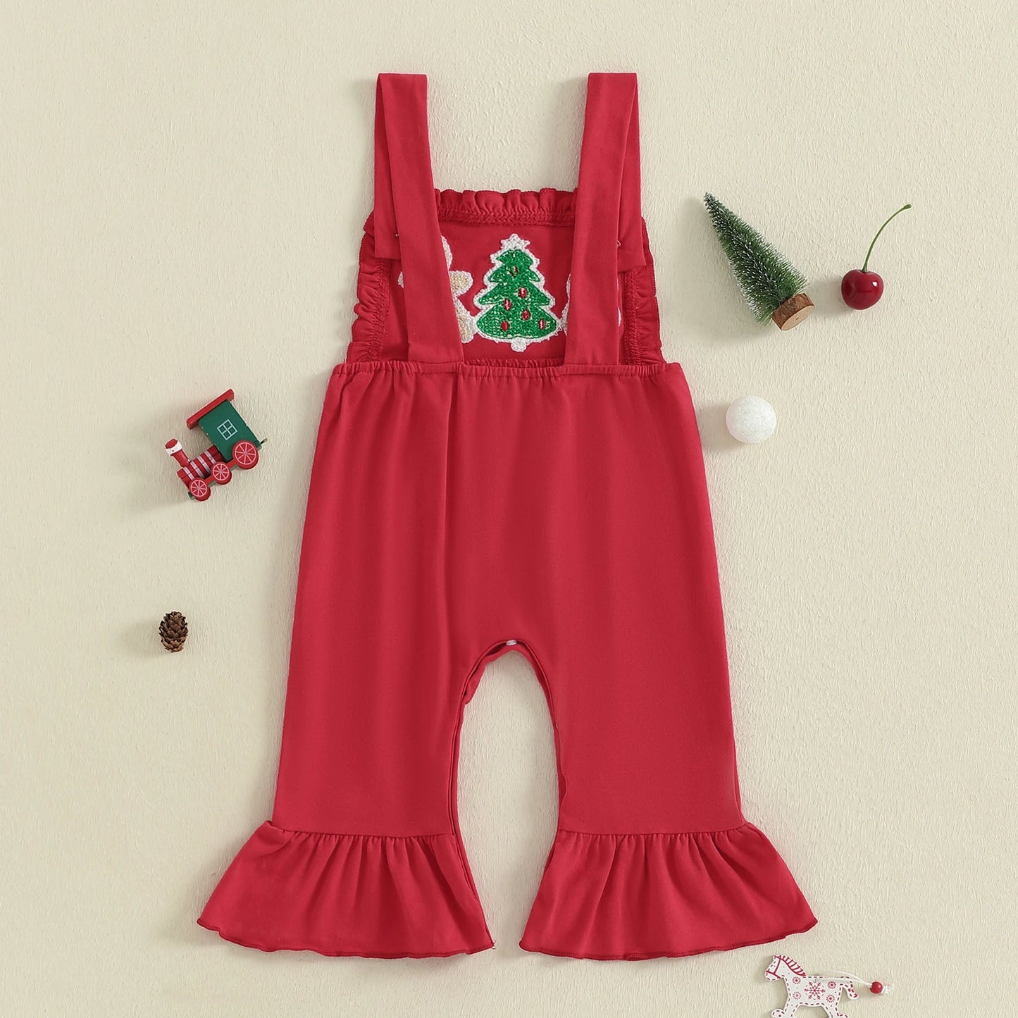 Baby Girls' Christmas Overall Romper - Tree Embroidered Sleeveless Bell Bottom Jumpsuit