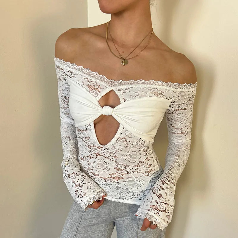 Women's Cut Out Lace Long Sleeve Top - Off Shoulder White Twist Front