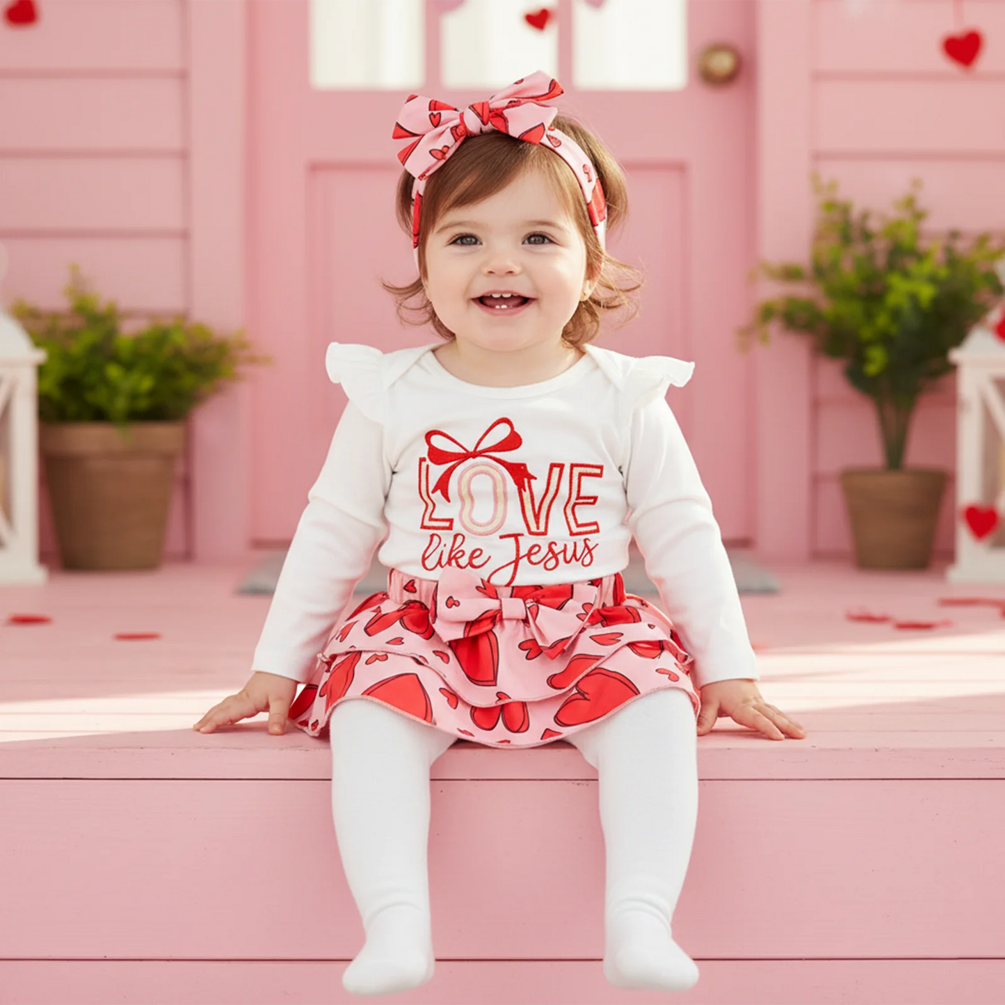 Baby Girls Valentine's Day Letter Embroidery Romper Heart Print Shorts and Hairband Set